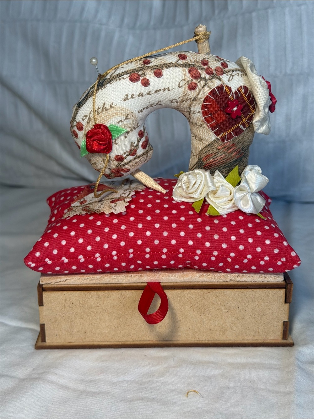 Embellished Sewing Machine Pin Cushion on Red Polka Dot Pillow